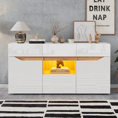 Buffet Bas Multifonction 4 Tiroirs 2 Compartiments Semi-ouverts LED Blanc Bois Naturel