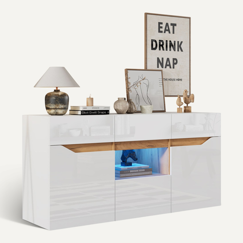 Buffet Bas Multifonction 4 Tiroirs 2 Compartiments Semi-ouverts LED Blanc Bois Naturel