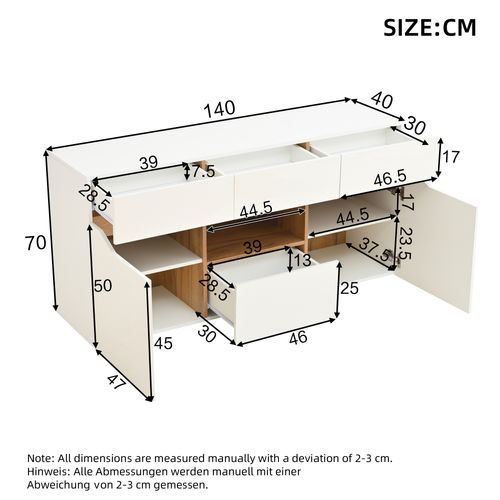 Buffet Bas Multifonction 4 Tiroirs 2 Compartiments Semi-ouverts LED Blanc Bois Naturel