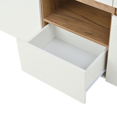 Buffet Bas Multifonction 4 Tiroirs 2 Compartiments Semi-ouverts LED Blanc Bois Naturel