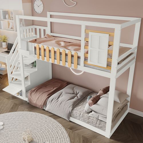 Lit Superposé 90x200 Cm Enfant, Escalier, Rangement, 3 Casiers, Barrière Sécurité, Pin + Mdf, Blanc