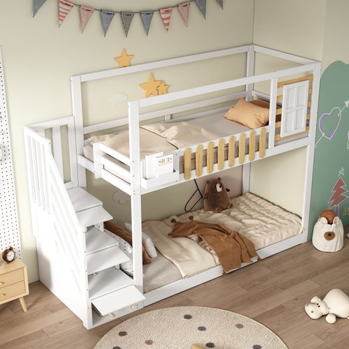Lit Superposé 90x200 Cm Enfant, Escalier, Rangement, 3 Casiers, Barrière Sécurité, Pin + Mdf, Blanc