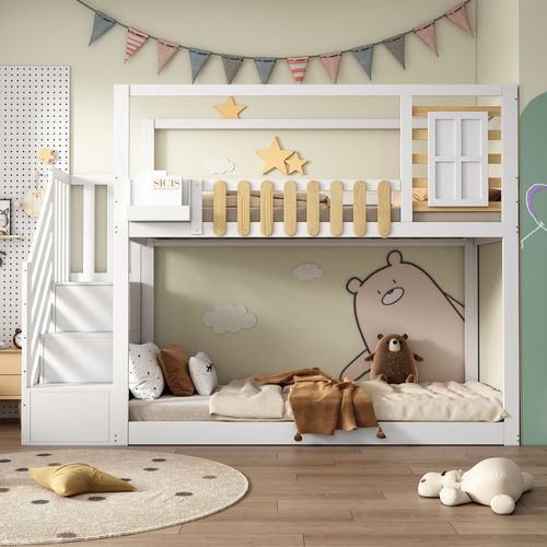 Lit Superposé 90x200 Cm Enfant, Escalier, Rangement, 3 Casiers, Barrière Sécurité, Pin + Mdf, Blanc