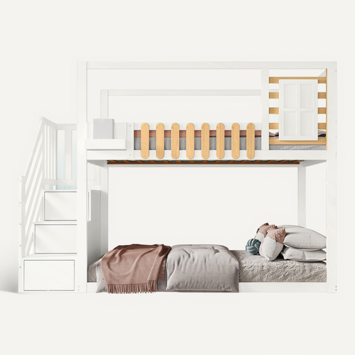 Lit Superposé 90x200 Cm Enfant, Escalier, Rangement, 3 Casiers, Barrière Sécurité, Pin + Mdf, Blanc