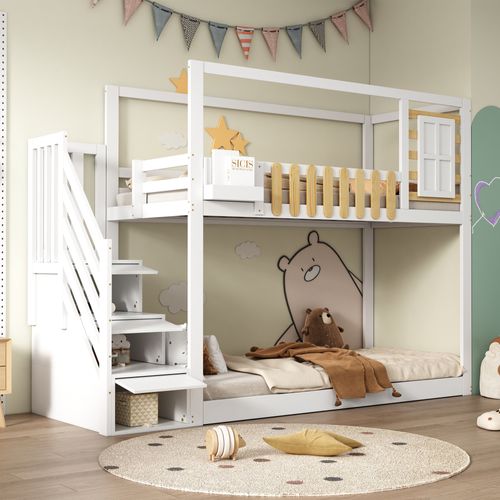 Lit Superposé 90x200 Cm Enfant, Escalier, Rangement, 3 Casiers, Barrière Sécurité, Pin + Mdf, Blanc