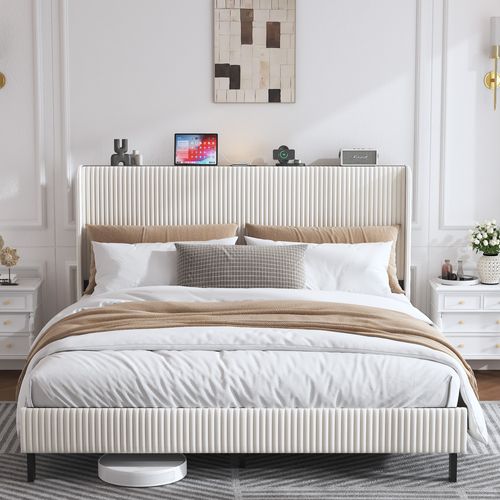 Lit Simple 180x200 Cm - Tête De Lit Et Sommier Inclus, Structure Bois Blanc