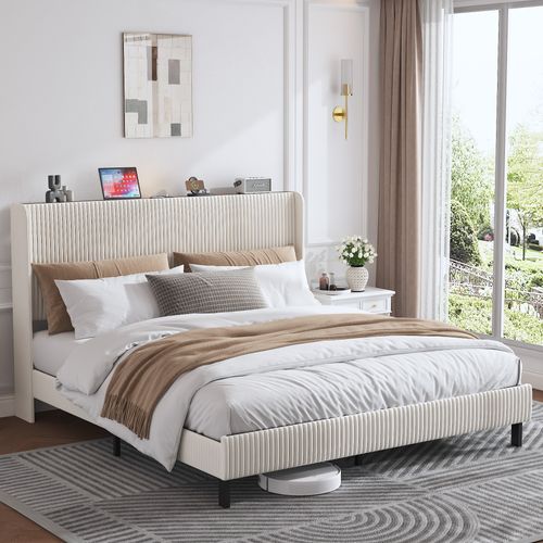 Lit Simple 180x200 Cm - Tête De Lit Et Sommier Inclus, Structure Bois Blanc