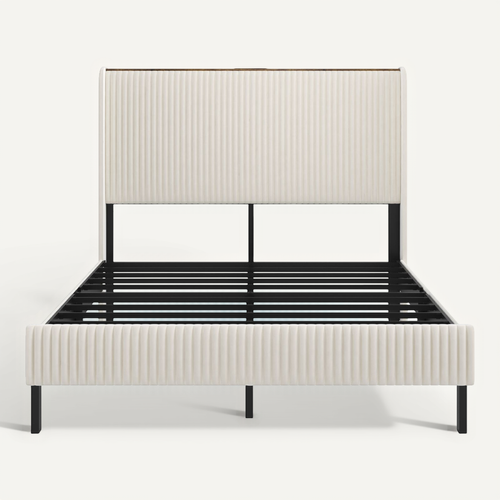 Lit Simple 180x200 Cm - Tête De Lit Et Sommier Inclus, Structure Bois Blanc