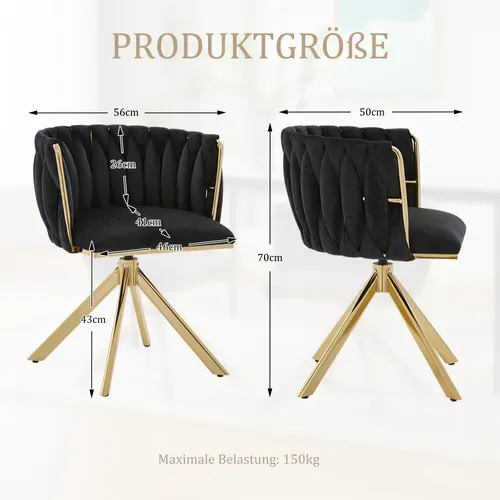 Chaise De Fauteuil Velours Moderne 1 Place, Rotation 180°, Ergonomique, Pieds Métal Doré, Noir