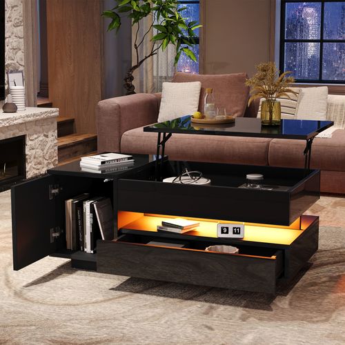 Table Basse Noire 95x50x34,5 Cm Plateau Relevable Avec Tiroir, Armoire Et LED Télécommandée