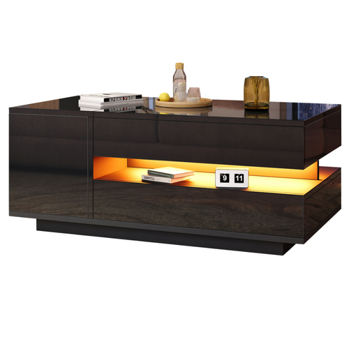 Table Basse Noire 95x50x34,5 Cm Plateau Relevable Avec Tiroir, Armoire Et LED Télécommandée