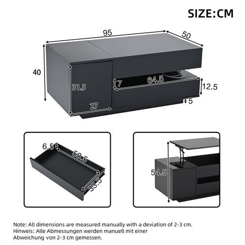 Table Basse Noire 95x50x34,5 Cm Plateau Relevable Avec Tiroir, Armoire Et LED Télécommandée