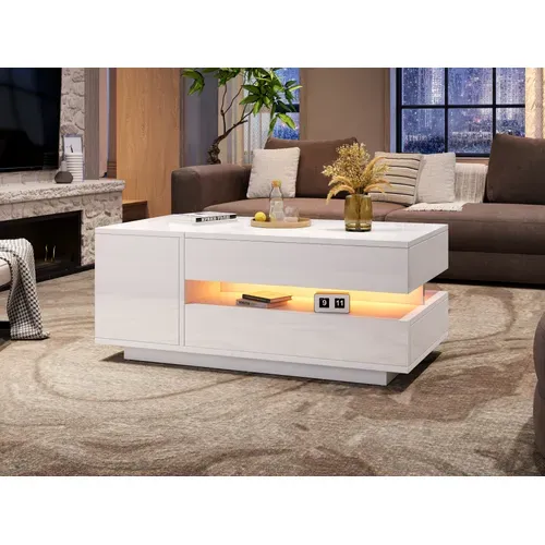Table Basse élèveable Avec 1 Tiroir, 1 Armoire Et LED Télécommandée - 95x50x34,5 Cm - Mdf - Blanc
