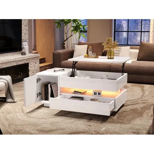 Table Basse élèveable Avec 1 Tiroir, 1 Armoire Et LED Télécommandée - 95x50x34,5 Cm - Mdf - Blanc