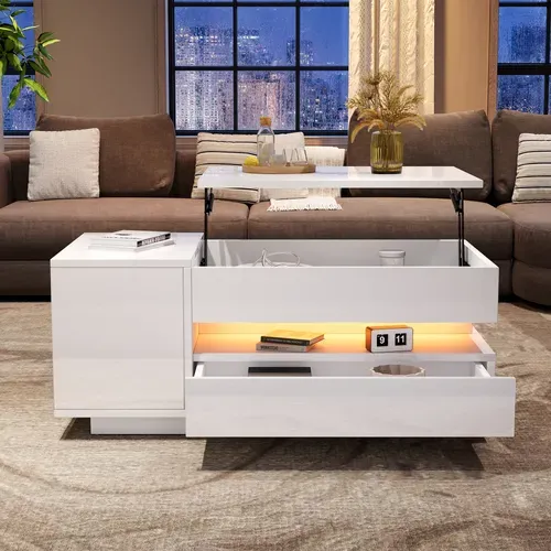 Table Basse élèveable Avec 1 Tiroir, 1 Armoire Et LED Télécommandée - 95x50x34,5 Cm - Mdf - Blanc