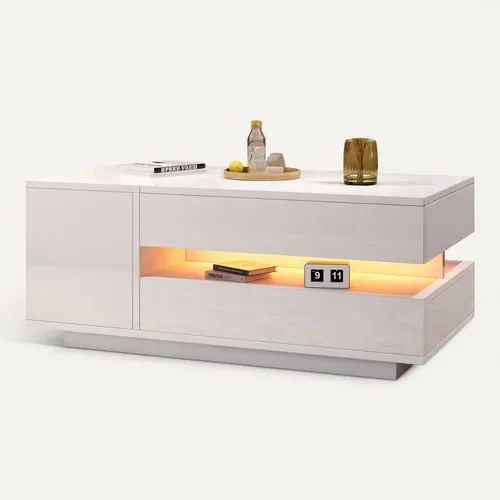 Table Basse élèveable Avec 1 Tiroir, 1 Armoire Et LED Télécommandée - 95x50x34,5 Cm - Mdf - Blanc