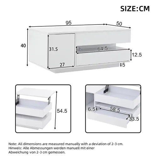 Table Basse élèveable Avec 1 Tiroir, 1 Armoire Et LED Télécommandée - 95x50x34,5 Cm - Mdf - Blanc