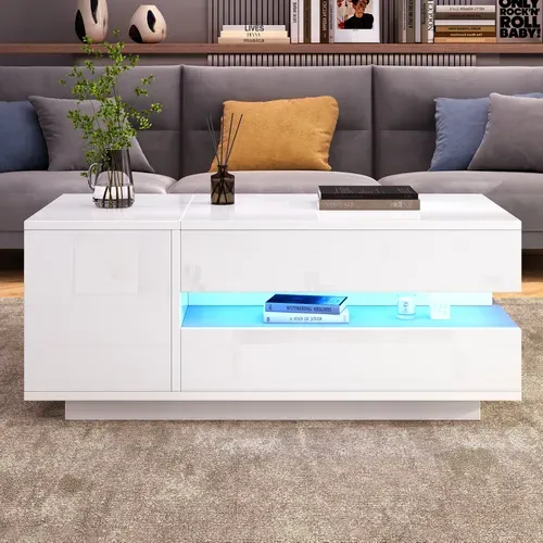 Table Basse élèveable Avec 1 Tiroir, 1 Armoire Et LED Télécommandée - 95x50x34,5 Cm - Mdf - Blanc