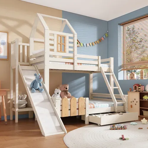 Lit Superposé 90x200/140x200 Enfant Cabane Avec Toboggan Et Tiroirs, Bois + Mdf, Blanc Et Naturel