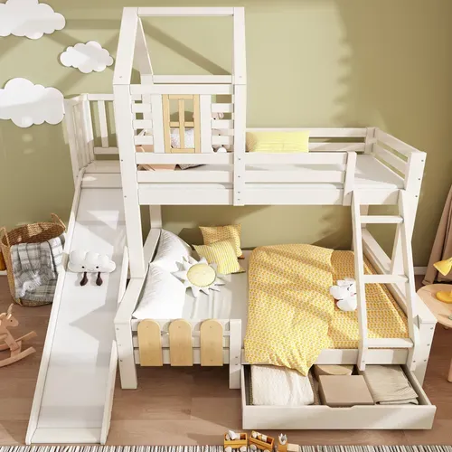 Lit Superposé 90x200/140x200 Enfant Cabane Avec Toboggan Et Tiroirs, Bois + Mdf, Blanc Et Naturel