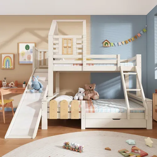 Lit Superposé 90x200/140x200 Enfant Cabane Avec Toboggan Et Tiroirs, Bois + Mdf, Blanc Et Naturel