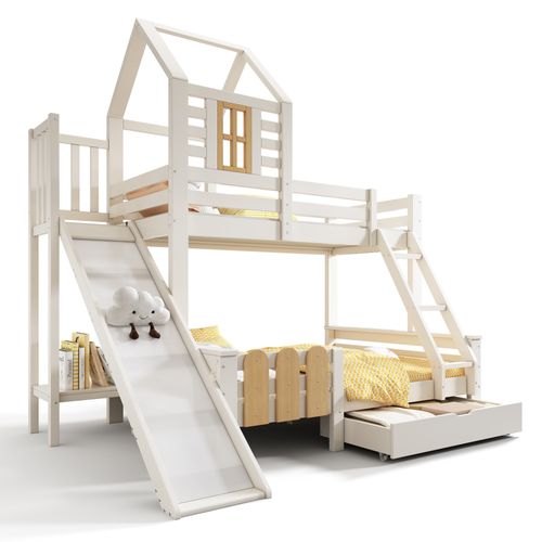 Lit Superposé 90x200/140x200 Enfant Cabane Avec Toboggan Et Tiroirs, Bois + Mdf, Blanc Et Naturel