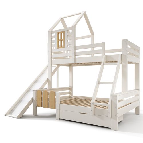 Lit Superposé 90x200/140x200 Enfant Cabane Avec Toboggan Et Tiroirs, Bois + Mdf, Blanc Et Naturel