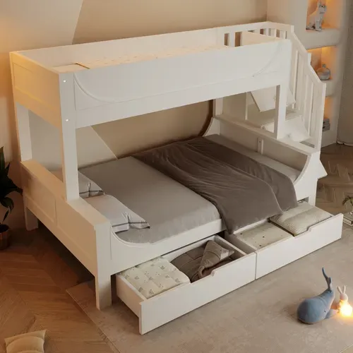 Lit Superposé 90/140x200 Cm, Lit Enfant Avec échelle Et Rangement Tiroirs, Bois Et Mdf, Blanc