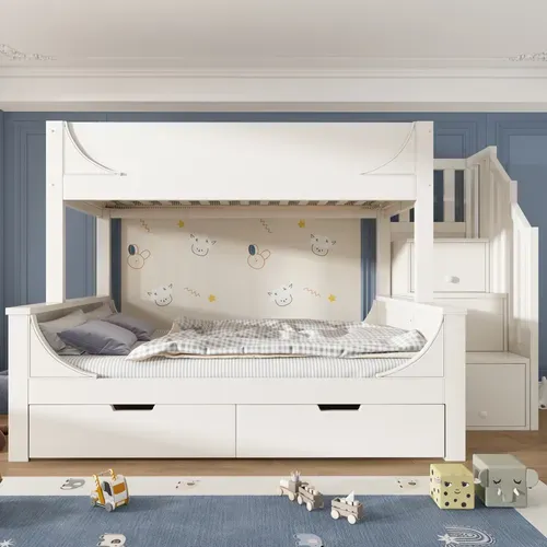 Lit Superposé 90/140x200 Cm, Lit Enfant Avec échelle Et Rangement Tiroirs, Bois Et Mdf, Blanc