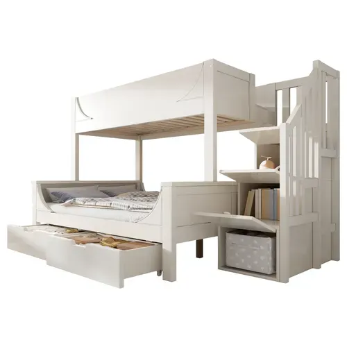 Lit Superposé 90/140x200 Cm, Lit Enfant Avec échelle Et Rangement Tiroirs, Bois Et Mdf, Blanc