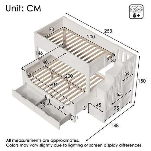 Lit Superposé 90/140x200 Cm, Lit Enfant Avec échelle Et Rangement Tiroirs, Bois Et Mdf, Blanc