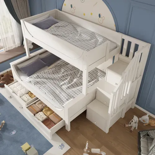 Lit Superposé 90/140x200 Cm, Lit Enfant Avec échelle Et Rangement Tiroirs, Bois Et Mdf, Blanc