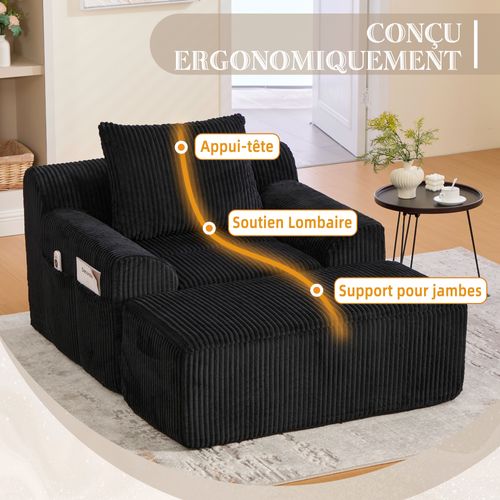 Fauteuil Relax En Velours Côtelé Avec Repose-pieds Et Coussin, Sans Montage, Noir