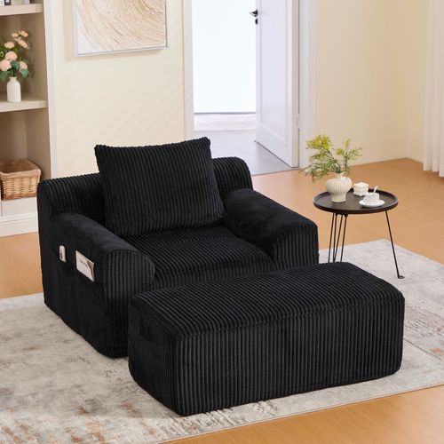 Fauteuil Relax En Velours Côtelé Avec Repose-pieds Et Coussin, Sans Montage, Noir