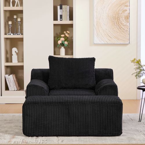 Fauteuil Relax En Velours Côtelé Avec Repose-pieds Et Coussin, Sans Montage, Noir