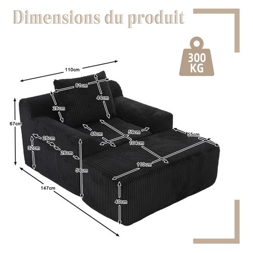 Fauteuil Relax En Velours Côtelé Avec Repose-pieds Et Coussin, Sans Montage, Noir