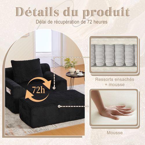 Fauteuil Relax En Velours Côtelé Avec Repose-pieds Et Coussin, Sans Montage, Noir