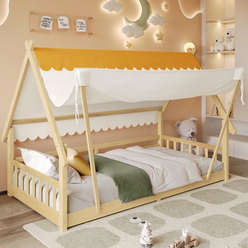 Lit Enfant 90x200 Cm - Lit Cabane Avec Barrières Et Sommier - Bois Pin/contreplaqué