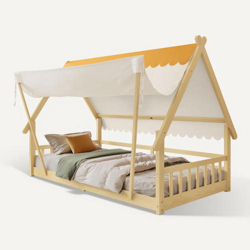 Lit Enfant 90x200 Cm - Lit Cabane Avec Barrières Et Sommier - Bois Pin/contreplaqué