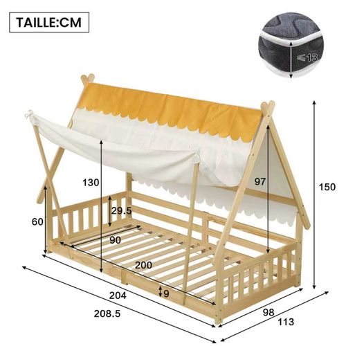 Lit Enfant 90x200 Cm - Lit Cabane Avec Barrières Et Sommier - Bois Pin/contreplaqué