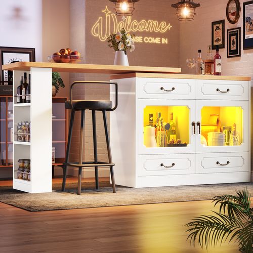 Table Bar Extensible Pivotante, LED Multicolore Et Tiroirs Intégrés, Meuble Bar Moderne - Mdf Blanc