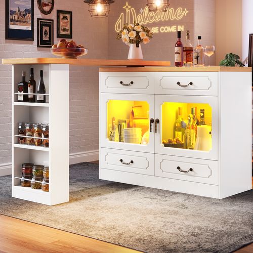 Table Bar Extensible Pivotante, LED Multicolore Et Tiroirs Intégrés, Meuble Bar Moderne - Mdf Blanc