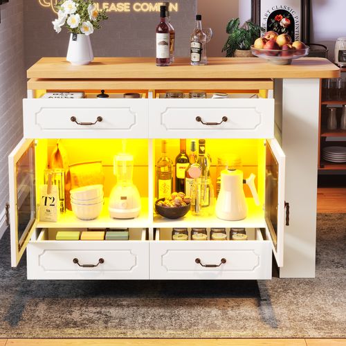 Table Bar Extensible Pivotante, LED Multicolore Et Tiroirs Intégrés, Meuble Bar Moderne - Mdf Blanc