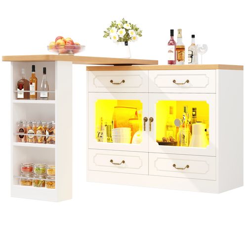 Table Bar Extensible Pivotante, LED Multicolore Et Tiroirs Intégrés, Meuble Bar Moderne - Mdf Blanc
