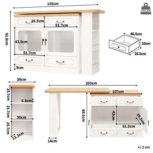 Table Bar Extensible Pivotante, LED Multicolore Et Tiroirs Intégrés, Meuble Bar Moderne - Mdf Blanc