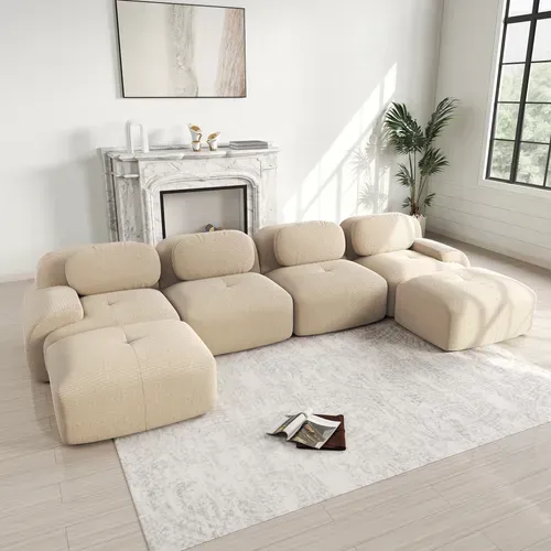 Canapé En U 4 Places Avec 2 Poufs - Sans Montage, Accoudoirs Larges, Velours Côtelé Beige