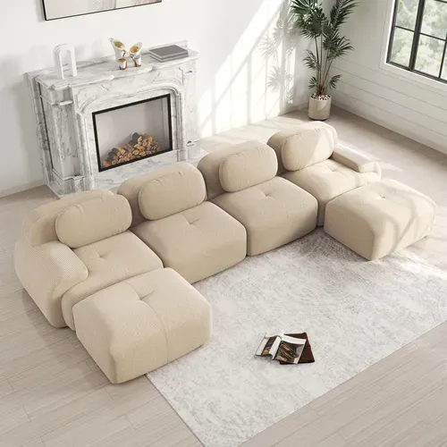 Canapé En U 4 Places Avec 2 Poufs - Sans Montage, Accoudoirs Larges, Velours Côtelé Beige