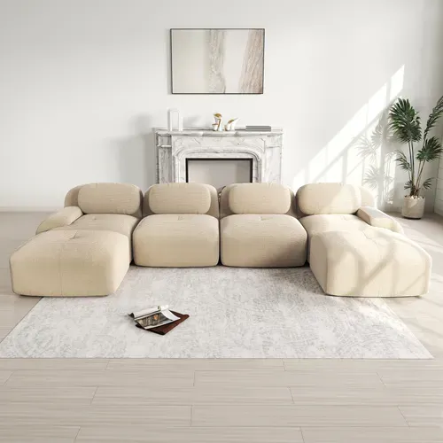 Canapé En U 4 Places Avec 2 Poufs - Sans Montage, Accoudoirs Larges, Velours Côtelé Beige