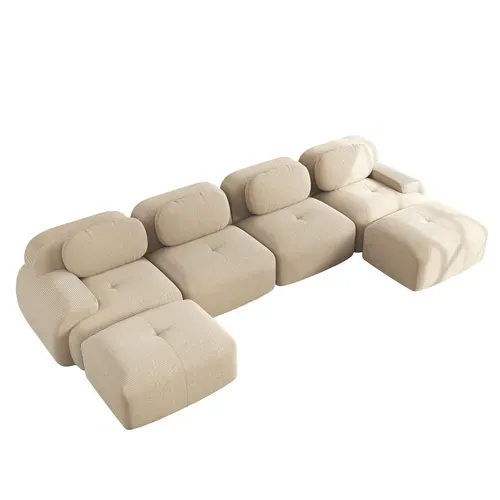 Canapé En U 4 Places Avec 2 Poufs - Sans Montage, Accoudoirs Larges, Velours Côtelé Beige