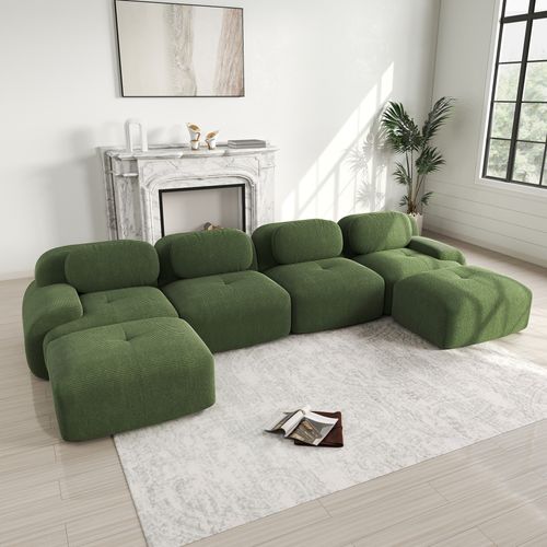 Canapés compressés En U 4 Places Avec 2 Poufs - Sans Montage, Accoudoirs Larges, Velours Côtelé Vert